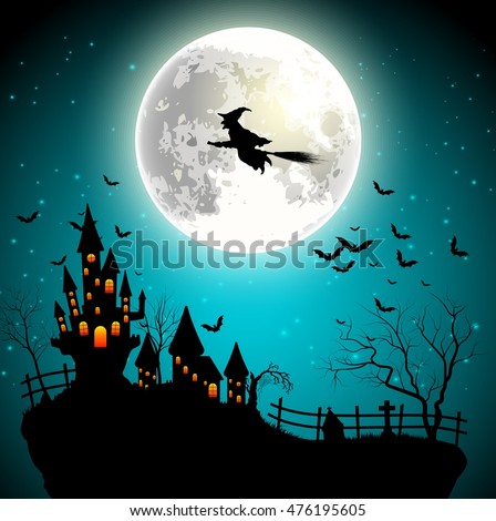 Halloween background with flying witch on the full moon. Vector illustration 