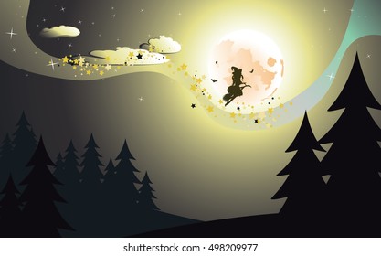 Halloween background with flying witch silhouette on a broomstick in dark forest. 