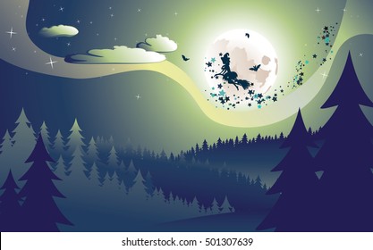 Halloween background with flying witch silhouette on a broomstick in dark forest. 