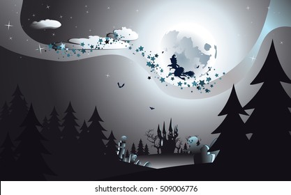 Halloween background with flying witch silhouette on a broomstick in dark forest.