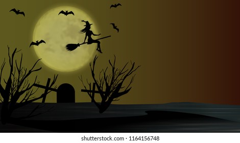 Halloween background with flying young witch to background full moon above the cemetery. Vector illustration.