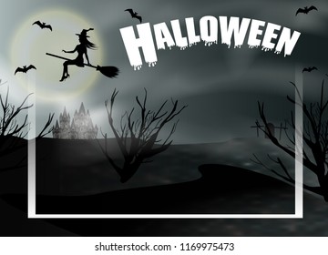 Halloween background with flying young witch and full moon. Fantasy night panoramic view with frame. Vector illustration.