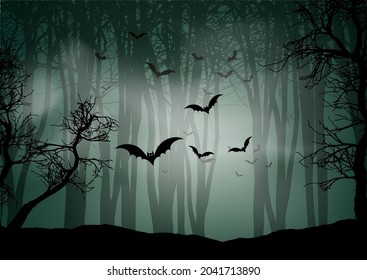 Halloween background with foggy forest landscape and bats 