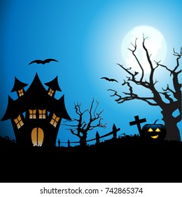 Halloween background. Foggy landscape of graveyard with old scary house, dead tree and pumpkin, illustration.