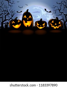 Halloween background with four laughing pumpkins and a full moon