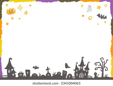 Halloween background frame, hand drawn illustration with castle silhouette and pumpkin and glitter