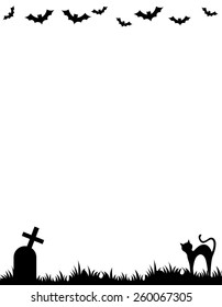 Halloween background / frame with silhouettes of bats , cat and tomb stone