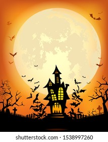 Halloween background with the frightening bewitched house and various silhouettes of flying bats against a full moon