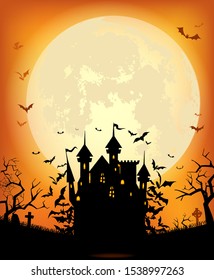 Halloween background with the frightening bewitched house and various silhouettes of flying bats against a full moon