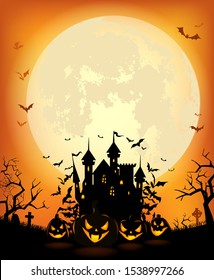 Halloween background with the frightening bewitched house and various silhouettes of flying bats against a full moon