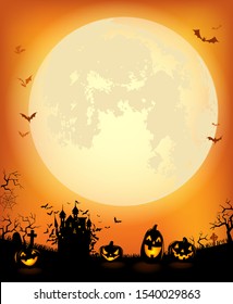 Halloween background with the frightening bewitched house and scary pumpkins against a full moon