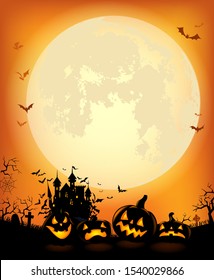 Halloween background with the frightening bewitched house and scary pumpkins against a full moon