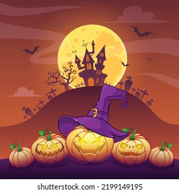 Halloween background with the frightening bewitched house and scary pumpkins against a full moon