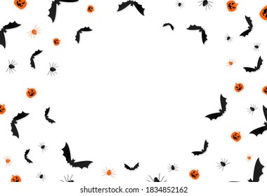 Halloween background full of bat, spider, pumpkin isolated  on white texture ,space for  add text ,banner template, poster,vector illustration 