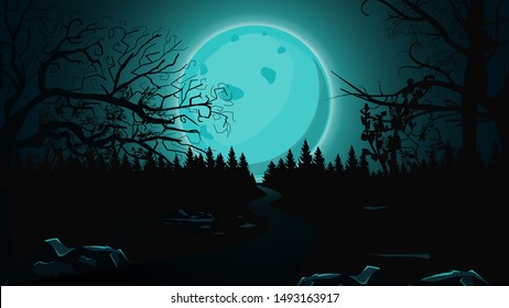 Halloween background, full blue moon, dark forest and lonely trail. Halloween background for your arts