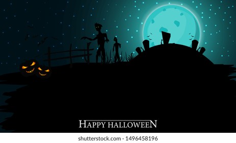 Halloween background, full blue moon, starry sky, graveyard and zombies. Halloween background for your arts