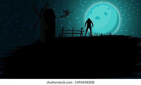 Halloween background, full blue moon, starry sky, old mill, bats and werewolf. Halloween background for your arts