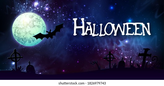 Halloween background with full moom and cemetery. Vector illustration