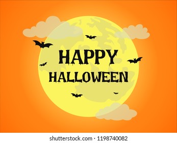 Halloween background with full moon and bat on orange background
