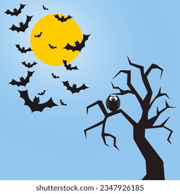 Halloween background with full moon, bat and tree