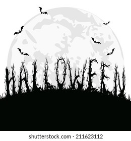 Halloween background with full moon, bats and terrible trees in the form of letters, illustration.