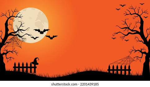 Halloween background. The full moon and bats on a orange background. Night sky.Halloween design. Vector illustration