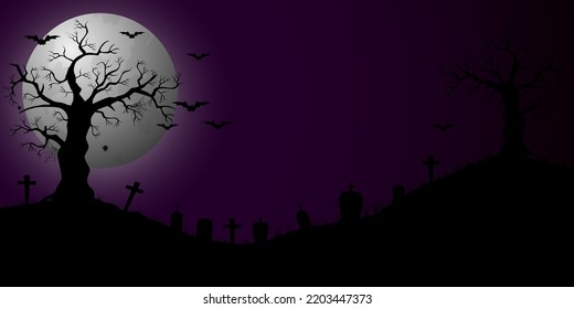 Halloween background. The full moon and bats on a violet background. Night sky.Halloween design. Vector illustration