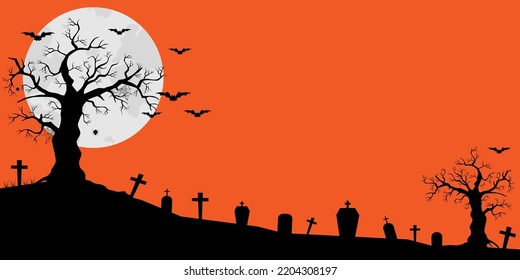 Halloween background. The full moon and bats on a orange background. Night sky.Halloween design. Vector illustration