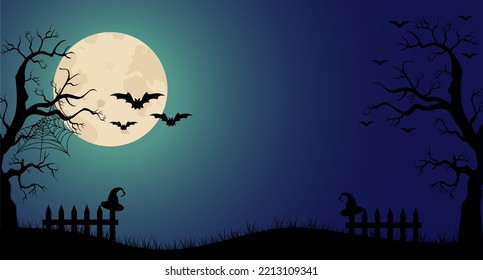 Halloween background. The full moon and bats on a violet background. Night sky.Halloween design. Vector illustration