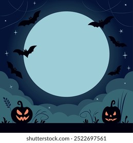 Halloween Background with Full Moon, Bats, and Carved Pumpkins, Halloween vector illustration