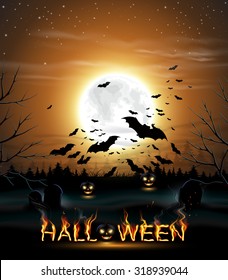 Halloween background with full moon and bats against foggy landscape.