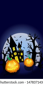 Halloween background full moon, castle, pumpkins, night party vector illustration for invitations, banners and design