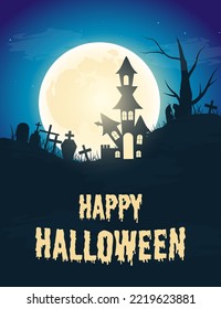 Halloween Background with Full Moon. Castle, ghosts and graveyard. Vector illustration.