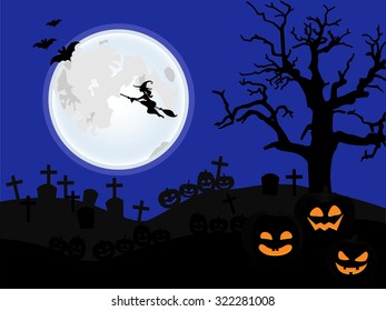 Halloween background with full moon, dead tree, witch, bats and graveyard