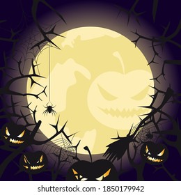 Halloween background with full moon, evil pumpkins and sinister branches. Vector illustration.