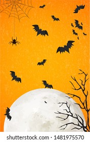 Halloween background with full moon, flying bats, trees silhouette and spider hanging on web, vector illustration. Halloween banner orange colors, concept.