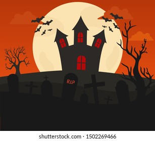 Halloween background with full moon, graveyard and dark castle illustration.