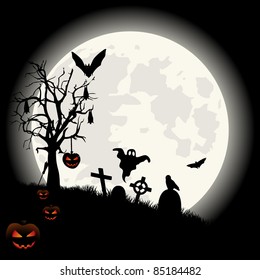 Halloween background with full moon lantern and spooky cemetery. VECTOR