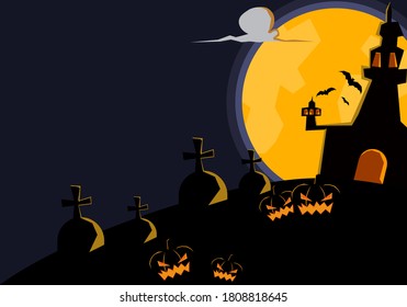 Halloween background, Full moon night, Halloween cemetery with haunted pumpkins and castle.