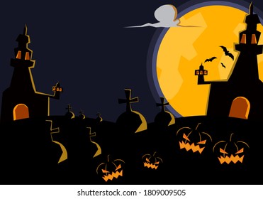 Halloween background, Full moon night, Halloween cemetery with haunted pumpkins and castle.