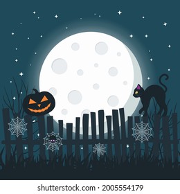 Halloween background with full moon in the night sky, spider web, scary pumpkin, black cat on the fence. Concept for banner, greeting card, party invitation. Place for text. Vector flat illustration