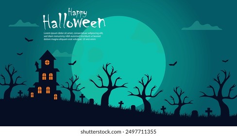 Halloween background with full moon night with graveyard and flying bats. Castle at night. Silhouette of trees and grass. Vector illustration