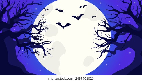 Halloween background with a full moon night and flying bats. Silhouette of tree. Happy Halloween party. Fall season celebration vector banner. Vector illustration