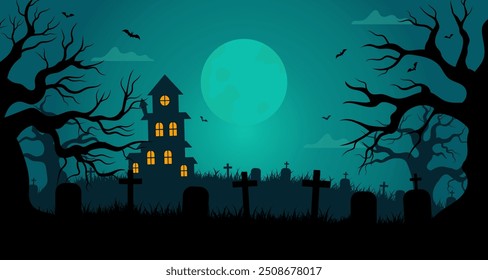 Fondo de Halloween con noche de luna llena con cementerio y murciélagos voladores. Castillo por la noche. Silueta de árboles y hierba. Ilustración vectorial