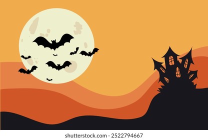 Halloween background of a full moon night.  Halloween party card template - spooky castle, black bats, full moon with orange background vector illustration.Halloween party invitation banner, greeting 