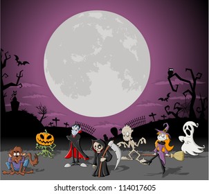 Halloween background with full moon over a cemetery with funny cartoon classic monster characters