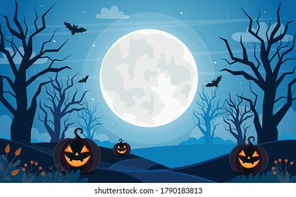 Halloween background with full moon, pumpkins and trees