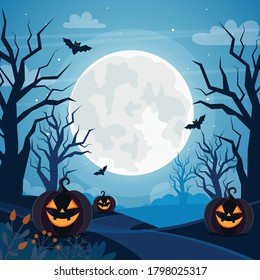 Halloween background with full moon, pumpkins and trees