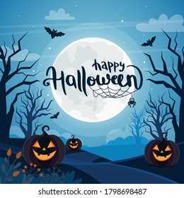 Halloween background with full moon, pumpkins and lettering