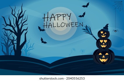 Halloween background with a full moon, pumpkins and trees, a spider and bats. The finished picture is a postcard in a vector.